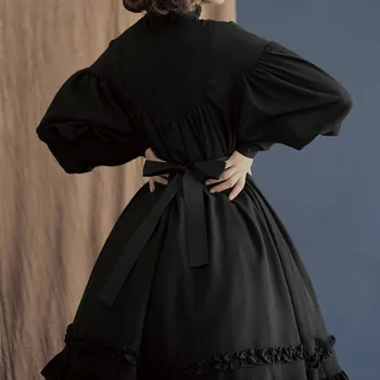 Vintage Elagant sievietes kleitu gotikas stila laternas ar garām Piedurknēm Zaudēt Stand Apkakli Mežģīnes Laternu Piedurknēm Gudrs Nelielu lolita Kleita