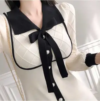 Vintage Eleganta Trikotāžas Sieviešu Mini Kleita 2021. Gada Pavasarī ar garām Piedurknēm Loku Vienu-krūšu-line Kleita korejas Modes Dāmas Vestidos