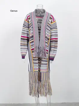 Vintage Etnisko Stilu Neregulāru Apakšmalu Džemperi Jaciņa Sievietēm, Krāsains Pušķis Lakatu Adīšanas Džemperis Outwear Zaudēt Trikotāža Jaunas