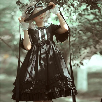 Vintage Gothic Lolita Kleita ar Īsām Piedurknēm OP Augsto Vidukli, Tumši Palaca Lolita Kleita Princese Vestidos Cos Loli