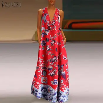 Vintage Iespiesti Maxi Kleita Sieviešu Vasaras Sundress ir 2021. ZANZEA Gadījuma bez Piedurknēm, ar Ziedu rakstu Vestidos Sieviešu V Kakla Drēbes Plus Izmēra