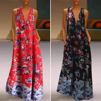 Vintage Iespiesti Maxi Kleita Sieviešu Vasaras Sundress ir 2021. ZANZEA Gadījuma bez Piedurknēm, ar Ziedu rakstu Vestidos Sieviešu V Kakla Drēbes Plus Izmēra