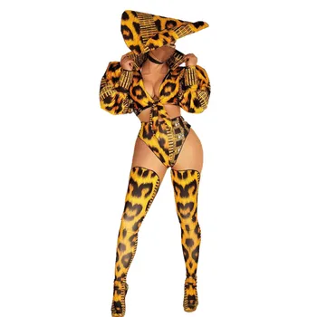 Vintage Leopards Drukāt Puse Tērpi, Dziļi V Top + Bikses + Ganāmpulka + Cepure Sievietes Sexy Club Cosplay Posmā Valkā Dejotāju Apģērbs Komplekti