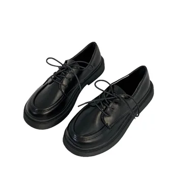 Vintage mazās ādas kurpes Britu stila mazās ādas kurpes koledžas stila sekla muti mežģīnes, apaļa galva, plakani mazās ādas sho