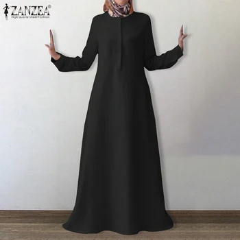Vintage Musulmaņu Maxi Kleita Sieviešu Rudens Islāmu Apģērbu ZENZEA ir 2021. Gadījuma garām Piedurknēm Vestidos Sieviešu O Kakla Drēbes Plus Izmēra