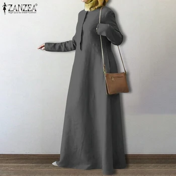 Vintage Musulmaņu Maxi Kleita Sieviešu Rudens Islāmu Apģērbu ZENZEA ir 2021. Gadījuma garām Piedurknēm Vestidos Sieviešu O Kakla Drēbes Plus Izmēra