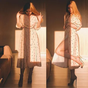 Vintage Polka Dot Print Sieviešu Kleita Laternu Piedurknēm, V veida Kakla Elegants Līnija Puse Kleita Ir 2021. Pavasara Vasaras Wrap Gadījuma Maxi Kleita