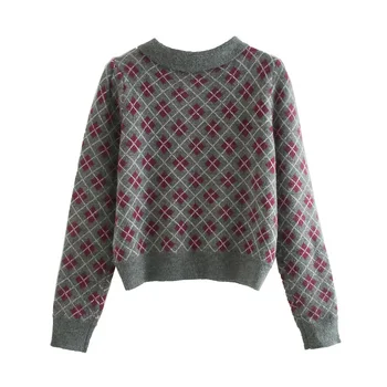 Vintage stilīgs ģeometriskā rhombic džemperis sievietēm 2020. gadam, modes atloks apkakli pavasara un rudens silts garām piedurknēm virsdrēbes šiks topi