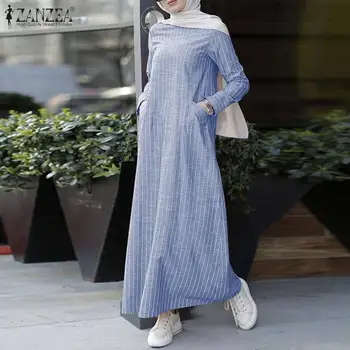 Vintage Svītrainām Sundress Sievietēm Musulmaņu Abaya Turcija Kleita, Hijab ZANZEA Gadījuma garām Piedurknēm Kaftan Vestidos Islāma Apģērba Drēbes