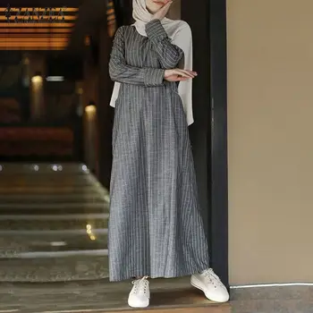 Vintage Svītrainām Sundress Sievietēm Musulmaņu Abaya Turcija Kleita, Hijab ZANZEA Gadījuma garām Piedurknēm Kaftan Vestidos Islāma Apģērba Drēbes