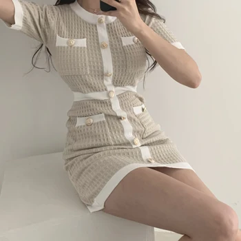 Vintage Trikotāžas Bodycon Kleita Ar Īsām Piedurknēm O Kakla Mini Vestido Korejas Vasaras Sexy Puse Elegants Melns Mujer 