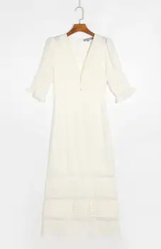 Vintage šiks dziļu v veida kakla gara kleita sievietēm vestidos retro īsām piedurknēm sexy dobi no midi puses kleita balta, melna kleitas