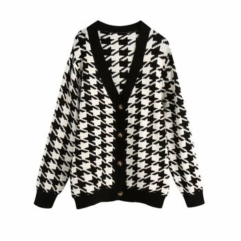 Vintage Šiks Houndstooth Izšūta Jaciņa Rudens Sieviešu Modes Vienu Krūtīm, V-Veida Kakla Džemperis Sieviešu Ikdienas Džemperi
