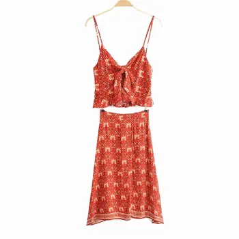 Vintage šiks modes sieviešu sarkanu ziedu drukāt bez piedurknēm crop topi beach bohēmijas veste īsu loku ruffles boho camis tank top