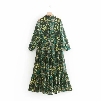 Vintage šiks zaļā ziedu drukāt krekls garu kleitu sievietes vasaras kleita 2019 gadījuma vestidos kroku ruffles šifona kleita boho