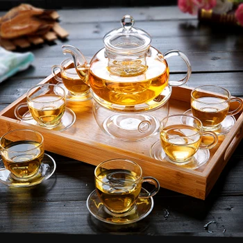Viss Gatavs, Elegants Stikla Tējas Komplekts Borsilikāta Stikla Tējkanna Ar Kausiem Bambusa Tējas Paplātes, Tējas SetKettle Siltāks Stikla Tējkanna Giftset