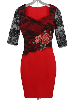 VITIANA 2017 Sieviešu Vintage Floral Red Mežģīnes Puse Kleita Seksīga, Elegants Bodycon Slim Trīs Ceturksnī Raibs Apģērbs