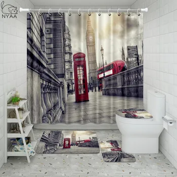 Vixm Retro Londonā Telefonu Vannas Istaba Ūdensizturīgs Dušas Aizkaru Komplekts Pjedestāla Paklāju Vāku Paklāju Tualetes Vāka Komplekts Vannas Aizkaru Paklājiņu Komplekts