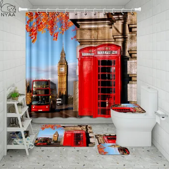 Vixm Retro Londonā Telefonu Vannas Istaba Ūdensizturīgs Dušas Aizkaru Komplekts Pjedestāla Paklāju Vāku Paklāju Tualetes Vāka Komplekts Vannas Aizkaru Paklājiņu Komplekts