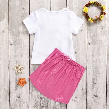 VIŅŠ Sveiki Baudīt Vasaras Toddler bērniem, Baby Meitene Īsām Piedurknēm 3D Ziedu Topi, T-Kreklu apdruka, Ādas Svārki Jauki Modes Tērpiem Drēbes