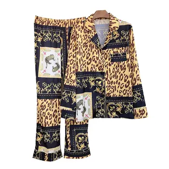 VogueMe Pavasara Jauns Satīna Sieviešu Pidžamas Komplekts Ar Garām Piedurknēm Uzvalks Plāna Sadaļu Leopard Fashion Pidžamas
