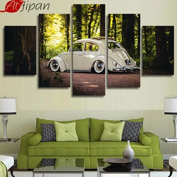 Volkswagen Beetle Automašīnu Sienas Mākslas Moduļu Audekls viesistaba, Mājas Dekoru Plakāta Kadru, 5 gab Krāsošana HD Izdrukas Meža Attēli