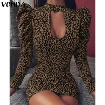 VONDA Rudens Sexy Kleita Leopards Izdrukāt Mini Kleitas Ir 2021. Sieviešu Ikdienas O Apkakli, garām Piedurknēm Zaudēt Vintage Puse Drēbes Femme 5XL