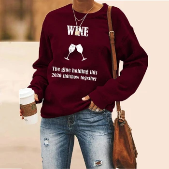 Vīna un Goblet Drukāt Crewneck sporta Krekls Rudenī 2020. Gadam Sieviešu Džemperis Pull Gadījuma garām Piedurknēm Hoodies Streetwear Sieviešu Apģērbs