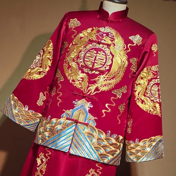 Vīrietis Sarkanā Cheongsam Grauzdiņš Kostīmi Līgavaiņiem Kleita Pūķis Kleita Tradicionālā Ķīniešu Stila Kāzu Qipao Vīriešiem Izšuvumi Tang Uzvalks