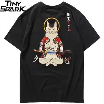 Vīrieši Harajuku T Krekls Japāņu Ninja Cat Galvaskausa T Hip Hop Streetwear Ukiyoe Izšūšana T-Krekli 2020. Gada Vasaras Kokvilnas Topi, T-Veida