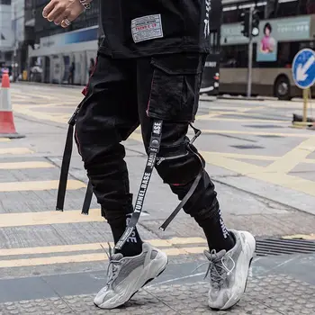 Vīrieši Hip Hop Black Kravas Bikses joggers Treniņbikses (Dungriņi), Vīriešu Lentes Streetwear Harēma Bikses Sieviešu Modes Bikses