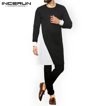 Vīrieši Indijas Raibs Vintage Camisas Vīriešiem Musulmaņu Kaftan Ilgi, Krekli Ar Garām Piedurknēm Ar Apaļu Kakla Kurtas Atpūtas Black Blusas Streetwear