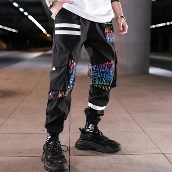 Vīrieši Multi-kabatas Harēma Hip Pop Bikses Vēstules Atdzist Bikses Japāņu Streetwear Hombre Vīriešu Ikdienas Moderns Elastīga Vidukļa Bikses