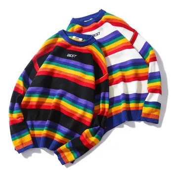Vīrieši Sievietes Lielgabarīta Džemperis Rainbow Svītrainām Apaļu Kakla Trikotāža Izšūšanas Krāsu Modes Casual Stila Džemperis Ar Garām Piedurknēm