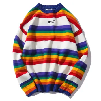 Vīrieši Sievietes Lielgabarīta Džemperis Rainbow Svītrainām Apaļu Kakla Trikotāža Izšūšanas Krāsu Modes Casual Stila Džemperis Ar Garām Piedurknēm