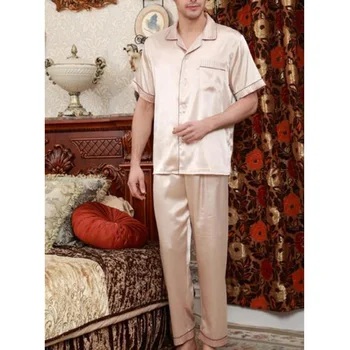 Vīriešiem Gadījuma zaudēt zīda materiāla 2-gabals pidžamas kreklu ar Īsām Piedurknēm Savukārt Apkakle Top Bikses Pidžamas Kabatās Sleepwear Komplekts