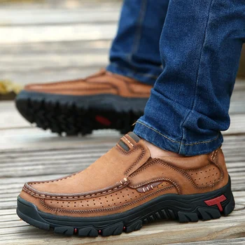 Vīriešiem kurpes 19 augstas kvalitātes pātagot ādas ikdienas apavi Liela izmēra 38-48 elpojošs dzīvoklis Gumijas zole čības vīriešu āra apavi