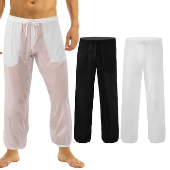 Vīriešu daļēji caurspīdīgu bikses ilgi zaudēt pludmales bikses ar aukliņu un kabatas vasaras atpūtas sporta bikses beachwear M-XXL