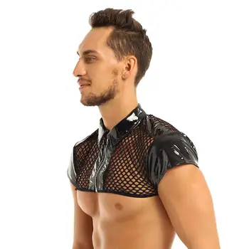 Vīriešu Fishnet Dobi No Sexy Topi Vāciņu Piedurknēm Lakādas Salaist Plecu Krūtīs Siksnu Kreklu Muskuļu Clubwear Kostīms Puse Augšu