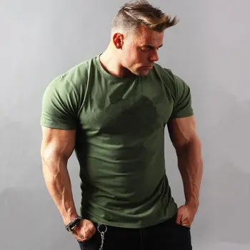 Vīriešu Kokvilnas Cietā Īsām piedurknēm t krekls Vasaras sporta zāles Fitnesa Treniņu Slim O-veida Kakla T-krekls Vīriešu t-veida Topi Gadījuma Armijas Zaļā apģērbi