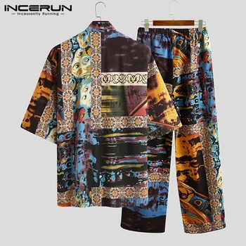 Vīriešu Pidžamas Komplekti Kimono Apdrukāta Kokvilnas Puse Piedurknēm, V veida Kakla Mežģīnes Up Sleepwear Bikses Japāņu Atpūtas Vīriešiem Naktsveļu Uzvalks INCERUN