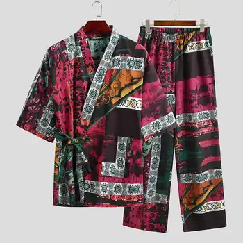 Vīriešu Pidžamas Komplekti Vīriešu Pusi Piedurknēm, V veida Kakla Iespiesti Mežģīnēm Līdz Kokvilnas Topi Bikses Sleepwear Atpūtas Naktsveļu Kimono Yukata Komplekti S-5XL