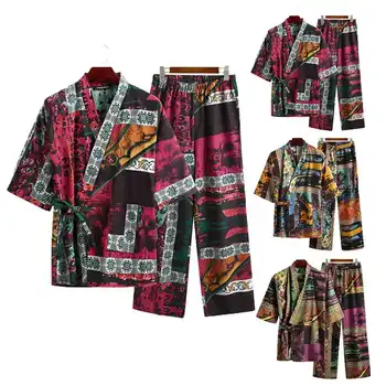 Vīriešu Pidžamas Komplekti Vīriešu Pusi Piedurknēm, V veida Kakla Iespiesti Mežģīnēm Līdz Kokvilnas Topi Bikses Sleepwear Atpūtas Naktsveļu Kimono Yukata Komplekti S-5XL