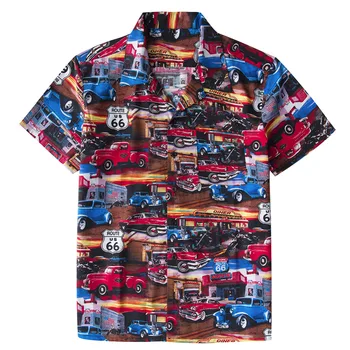 Vīriešu Pludmales Havaju Krekls Tropu Vasaras Classic 50s Automašīnām Route 66 drukas Blūze Ikdienas Mīksti Kokvilnas Pogu uz Leju Krekli