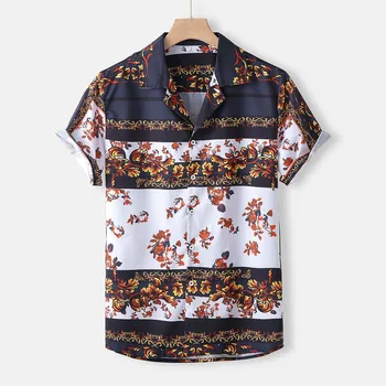 Vīriešu Pludmales Havaju Krekls Vintage Etniskā Tropu Vasaras Īsām Piedurknēm Krekls Mīksti Kokvilnas Ziedu Krekli Vīriešu Apģērbu Plus Lieluma
