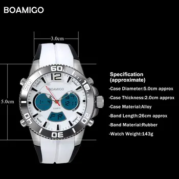 Vīriešu Sporta Pulksteņi BOAMIGO Zīmolu Vīriešu Kvarca Skatīties Analogo, Ciparu LED Elektronisko Pulksteni Gumiju Baltās rokas Pulkstenis Reloj Hombre