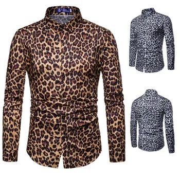 Vīriešu Tendence Naktsklubs Leopards Drukāt Krekls Augstas Kvalitātes Krekls Ar Garām Piedurknēm Vīriešu Sociālā Gadījuma Puse Krekls Chemise Homme Kleita Krekls