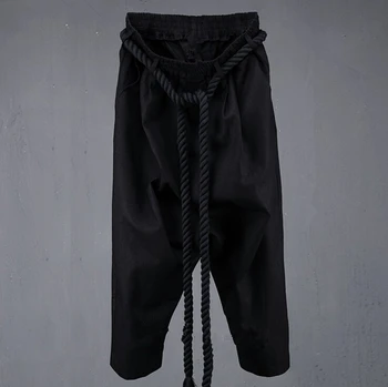 Vīriešu vasaras melna veļa harēma bikses naktsklubs posmā baggy bikses ar virvi, jostas, vīriešu gotu, punk hip hop joggers street wear