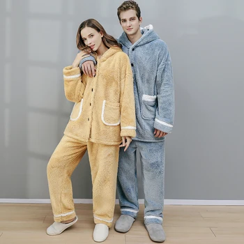 Vīriešu Ziemas Biezs Silts Flaneļa Pidžamas Komplekti Plus Lieluma Sievietēm Koraļļu Vilnas Drēbes Nosaka Dzīvnieku Sleepwear Kapuci Pidžamas Komplekti Miega Topi