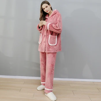 Vīriešu Ziemas Biezs Silts Flaneļa Pidžamas Komplekti Plus Lieluma Sievietēm Koraļļu Vilnas Drēbes Nosaka Dzīvnieku Sleepwear Kapuci Pidžamas Komplekti Miega Topi
